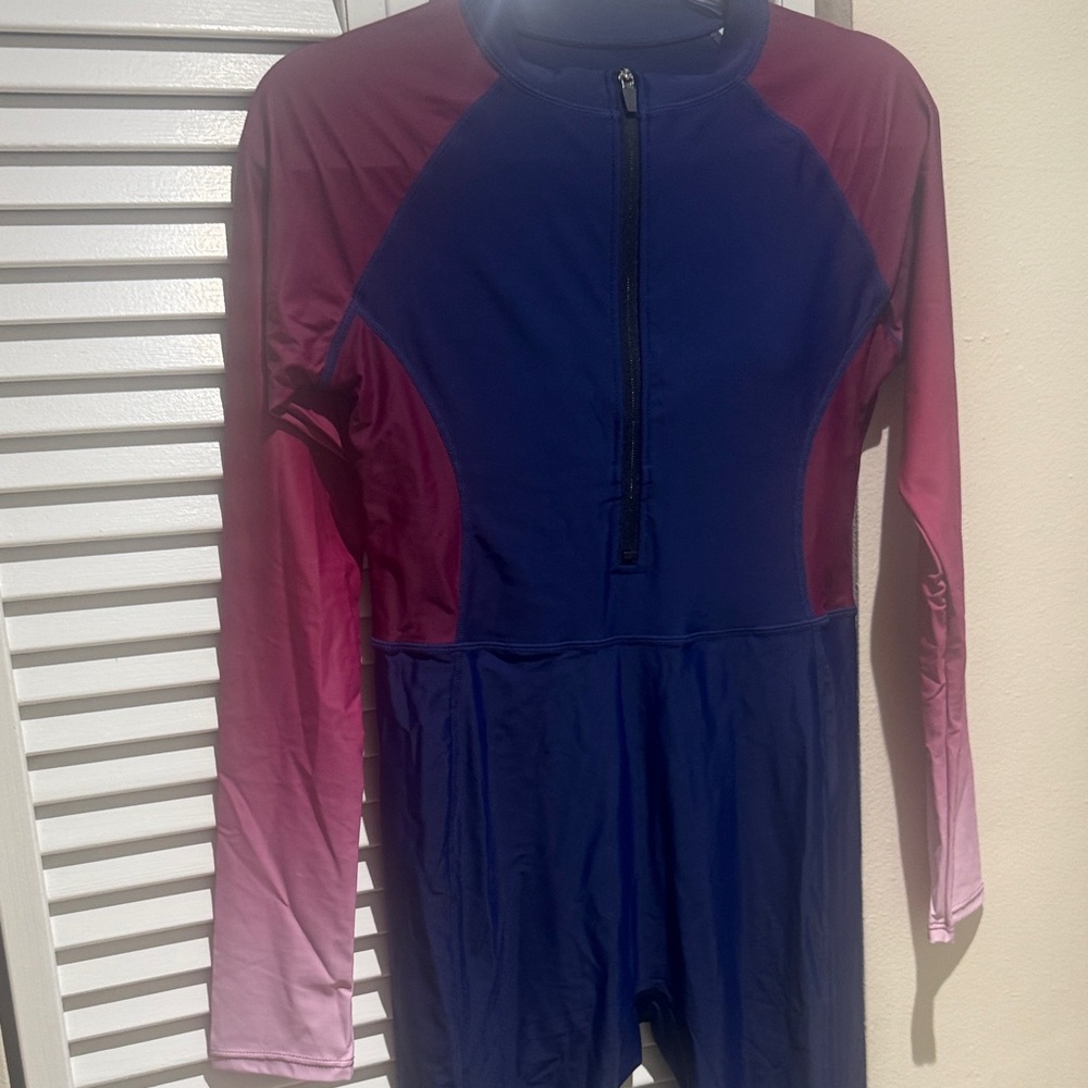 Women's Full Sleeve Blue and Pink One Piece Rash Guard Size L